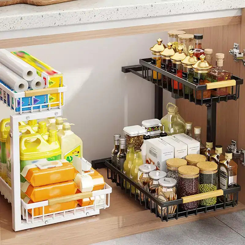 Rangements sous évier à 2 niveaux, étagère coulissante à tirer, tiroir métallique pour l'organisation de la cuisine, de la salle de bain, du garde-manger, résistant à la rouille.