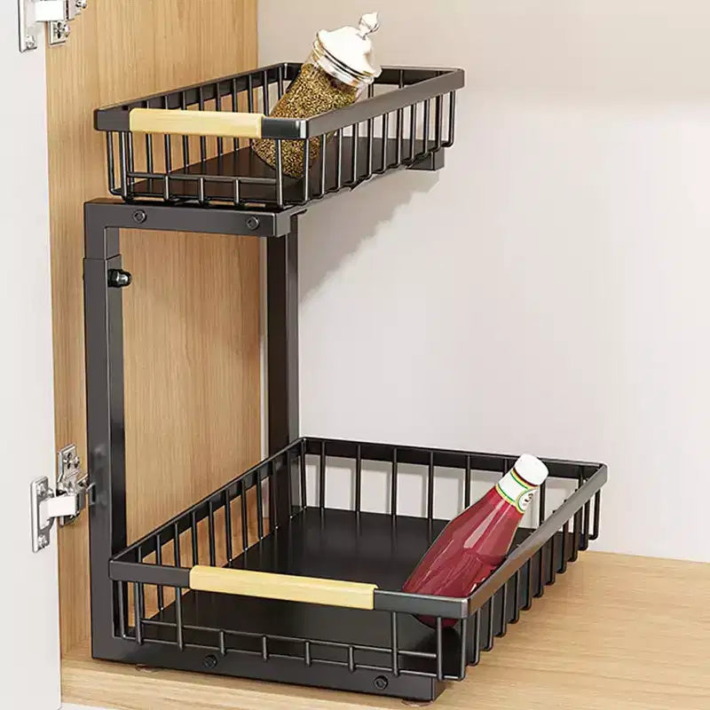 Rangements sous évier à 2 niveaux, étagère coulissante à tirer, tiroir métallique pour l'organisation de la cuisine, de la salle de bain, du garde-manger, résistant à la rouille.