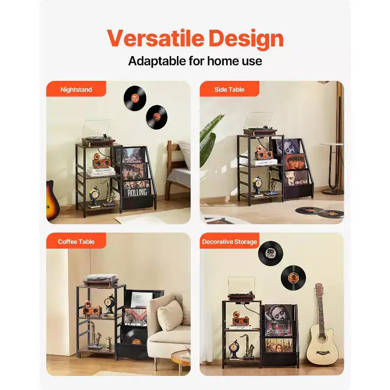 Meuble pour platine vinyle VEVOR avec station de charge et ports USB, peut contenir jusqu'à 200 albums, support de tourne-disque à 3 niveaux avec rangement pour disques vinyles, noir