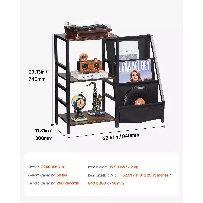 Meuble pour platine vinyle VEVOR avec station de charge et ports USB, peut contenir jusqu'à 200 albums, support de tourne-disque à 3 niveaux avec rangement pour disques vinyles, noir