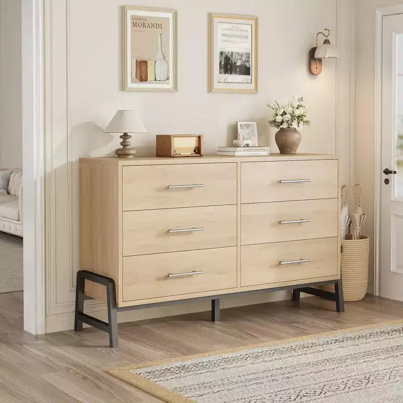 TROPOW 6 Commode pour chambre à coucher, commode autonome de 132 cm de large avec rangement, commode de rangement en bois pour salon, chambre à coucher, entrée