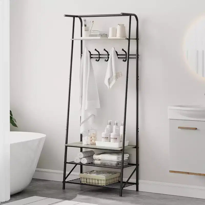 Porte-manteau et banc à chaussures 4 en 1, portemanteau d'entrée à 4 niveaux avec 5 crochets, étagère de rangement multifonction pour couloir, salle de bain, entrée