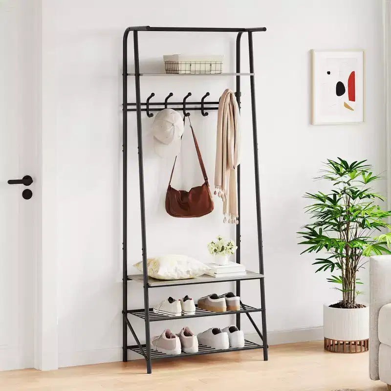 Porte-manteau et banc à chaussures 4 en 1, portemanteau d'entrée à 4 niveaux avec 5 crochets, étagère de rangement multifonction pour couloir, salle de bain, entrée