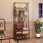 Porte-manteau et banc à chaussures 4 en 1, portemanteau d'entrée à 4 niveaux avec 5 crochets, étagère de rangement multifonction pour couloir, salle de bain, entrée