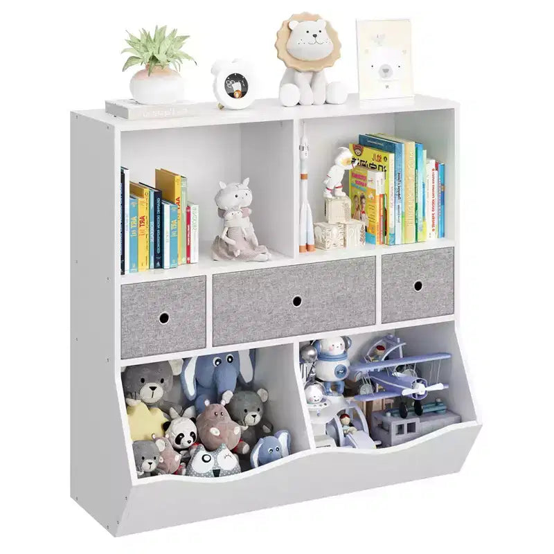 Étagère à livres et rangement de jouets pour enfants GustoWave, étagère à livres à 4 compartiments pour la décoration des chambres d'enfants, organisateur de jouets en bois à 3 niveaux avec bibliothèque, blanc