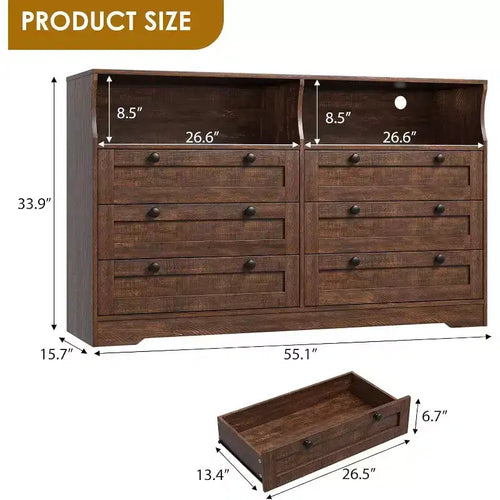 Acekool 55 Grande commode 6 tiroirs avec prise de courant et lumières LED, grande commode moderne, meuble TV large pour chambre à coucher, salon, couloir