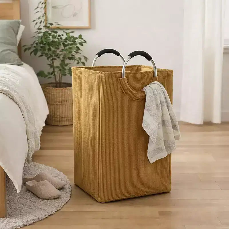 Evideco Articles ménagers français Panier à linge en velours côtelé 55L Jaune moutarde