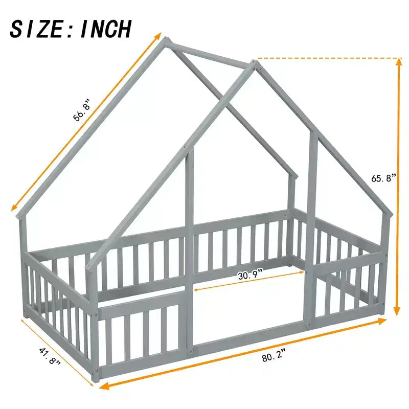 Lit de sol MAYEERTY en bois jumeau en forme de maison avec clôture et barrières de protection Gris