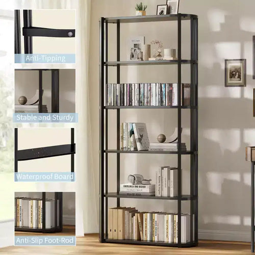 Étagère haute à 6 niveaux, Bibliothèque industrielle avec étagères ouvertes et cadre en métal, Étagère de présentation peu encombrante pour salon, bureau, appartement