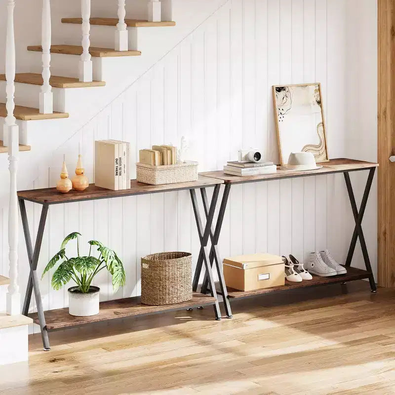 Petite console d'entrée, Table de couloir étroite, Console industrielle à 2 niveaux avec étagères, Table derrière le canapé, Consoles de foyer