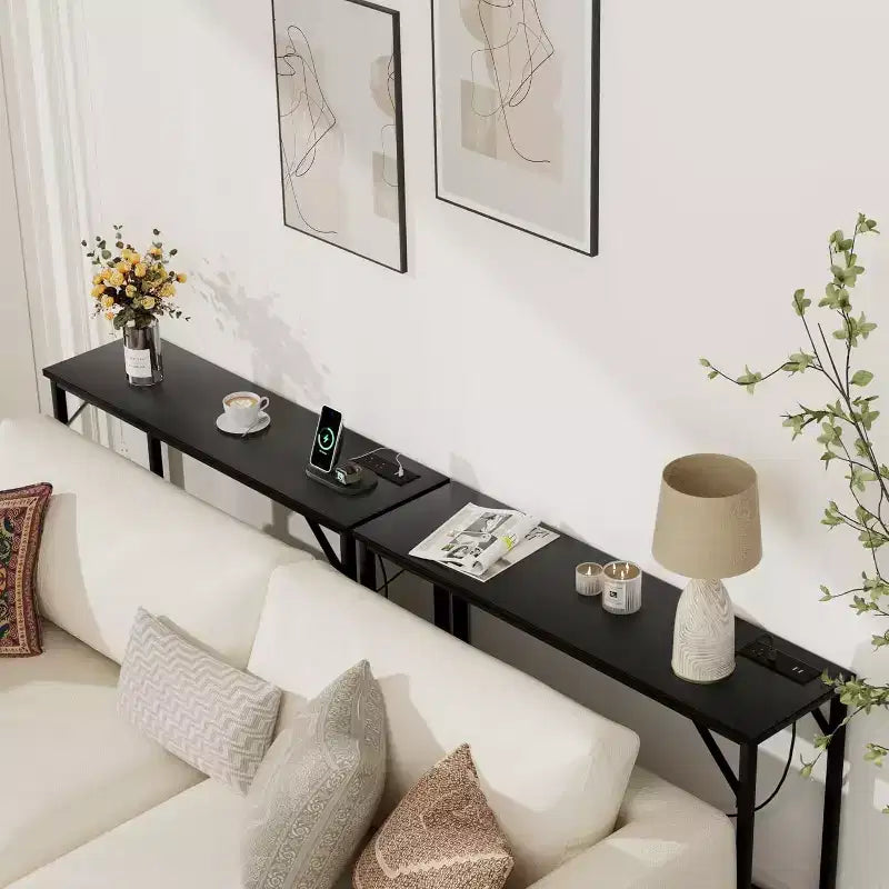 DobleePy Console Table de 99 cm noire avec station de charge, table d'entrée étroite avec pieds en métal pour couloir, dos de canapé, appartement