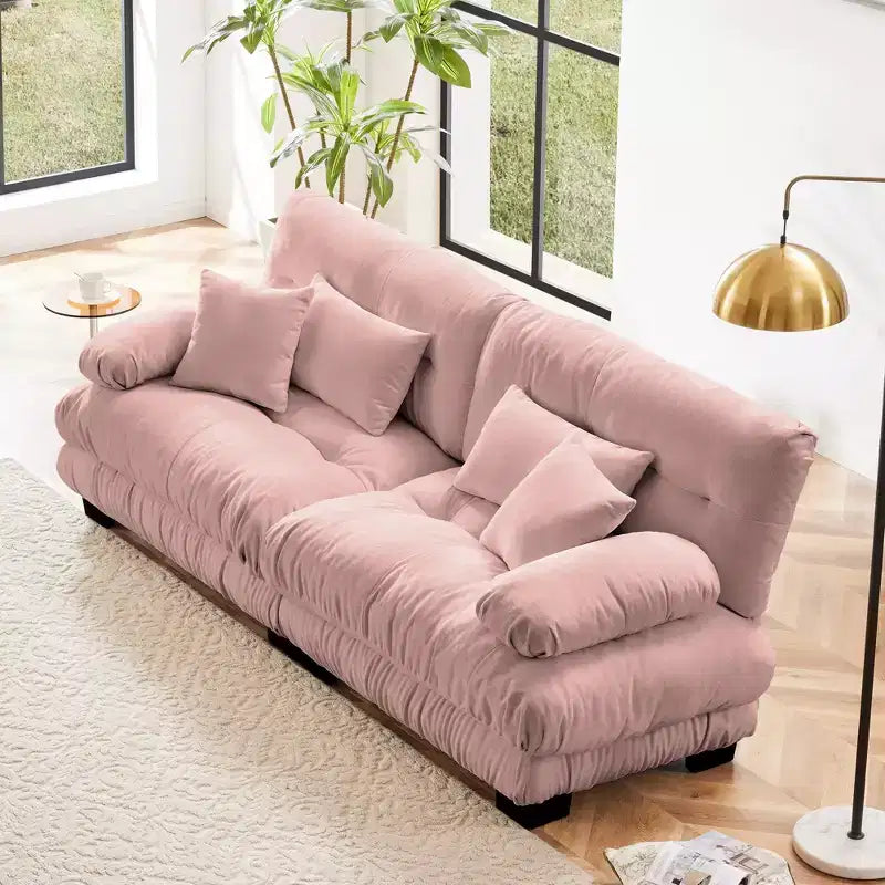 Canapé 2 places Cloud pour salon, canapé 2 places en chenille avec 2 coussins lombaires et 2 coussins décoratifs, chenille café clair