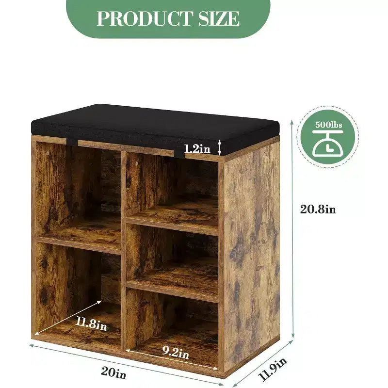 Banc à chaussures avec siège rembourré, banc de rangement à chaussures avec étagères réglables et poches latérales, organisateur de rangement à 5 casiers pour entrée, porche, buanderie