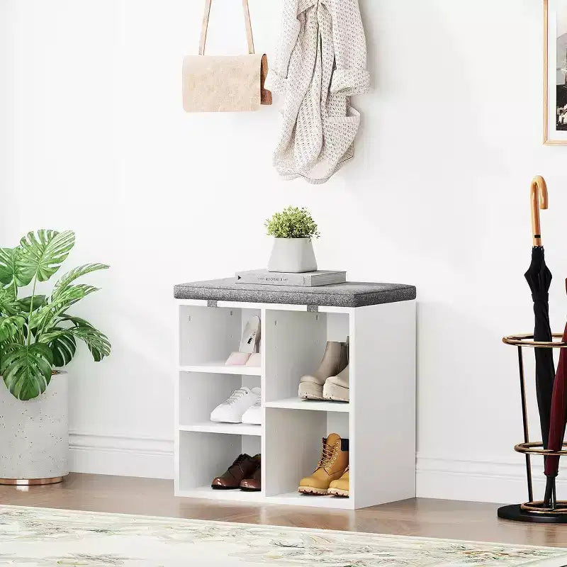 Banc à chaussures avec siège rembourré, banc de rangement à chaussures avec étagères réglables et poches latérales, organisateur de rangement à 5 casiers pour entrée, porche, buanderie