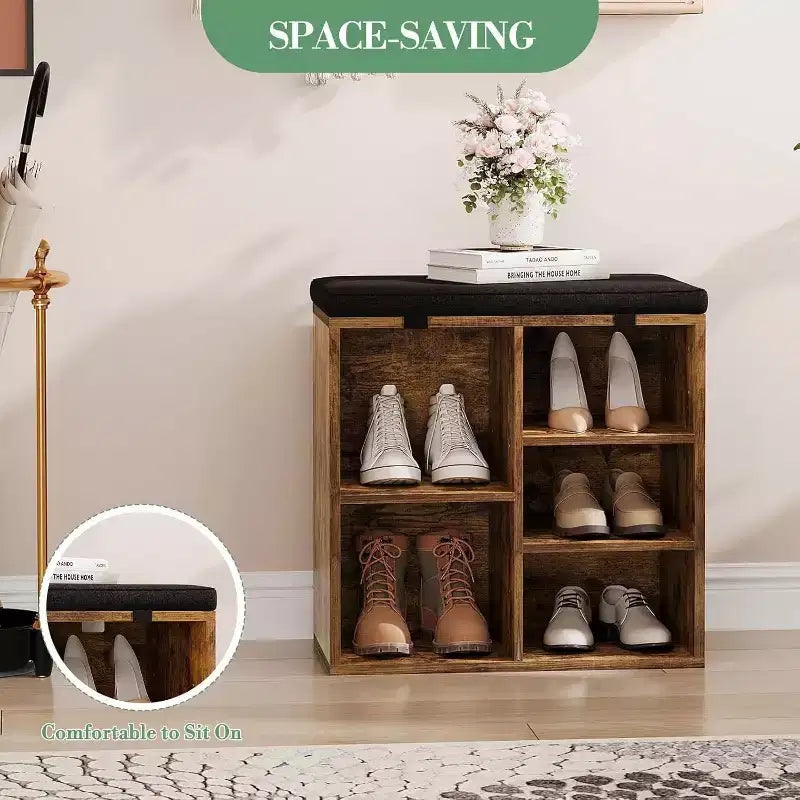 Banc à chaussures avec siège rembourré, banc de rangement à chaussures avec étagères réglables et poches latérales, organisateur de rangement à 5 casiers pour entrée, porche, buanderie