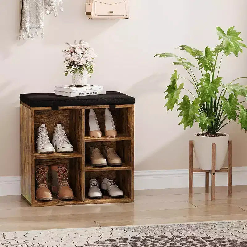 Banc à chaussures avec siège rembourré, banc de rangement à chaussures avec étagères réglables et poches latérales, organisateur de rangement à 5 casiers pour entrée, porche, buanderie