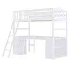 Lit mezzanine double Whisen Modern Design en bois avec tiroirs, armoire, étagères et bureau - Blanc