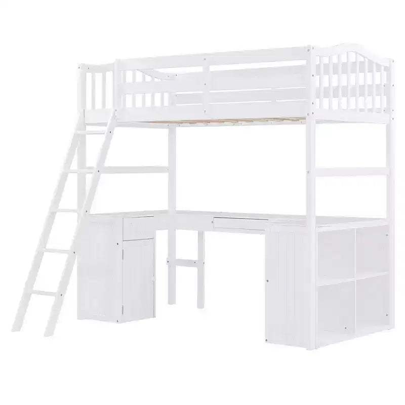 Lit mezzanine double Whisen Modern Design en bois avec tiroirs, armoire, étagères et bureau - Blanc