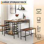 Ensemble table et chaises de salle à manger CuisinSmart pour 4 personnes, table de cuisine avec 2 bancs, ensemble de salle à manger avec porte-bouteilles, marron, noir, gris