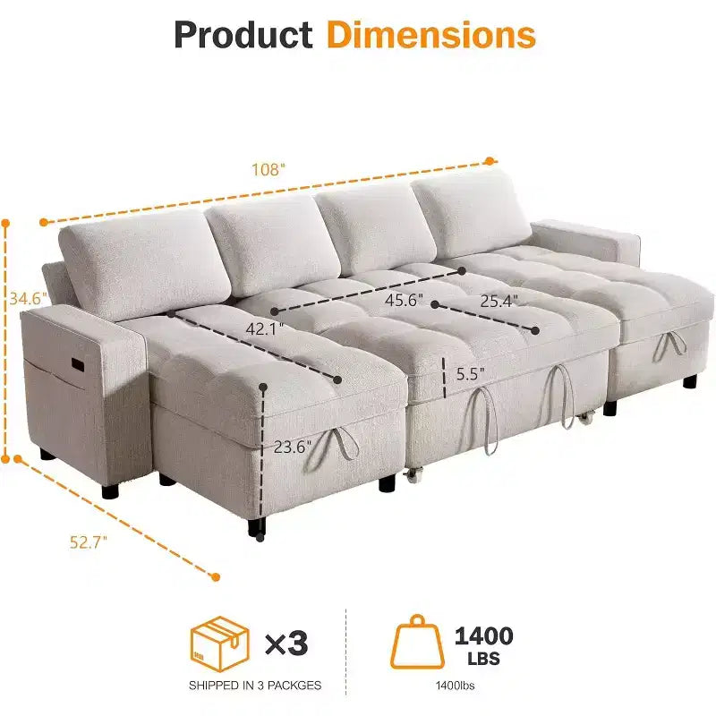 Canapé d'angle modulable 4 places Dyonery 108 avec ports USB/dossier réglable/2 sièges de rangement