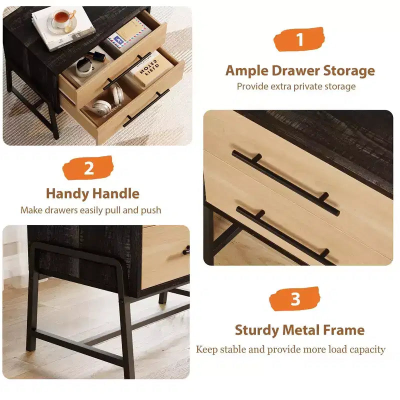 Table d'appoint en bois clair avec pieds en métal, table de chevet avec rangement, tables d'appoint modernes du milieu du siècle pour chambre à coucher, salon.