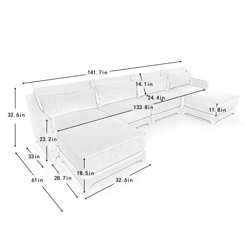 Canapé 4 places en tissu chenille beige avec 1 pouf mobile et coussin lombaire, cadre en bois massif, éponge haute résilience