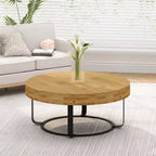 Table basse ronde, table d'appoint moderne en bois, table basse motif de sculpture style ferme avec pieds en métal pour salon, bureau, appartement