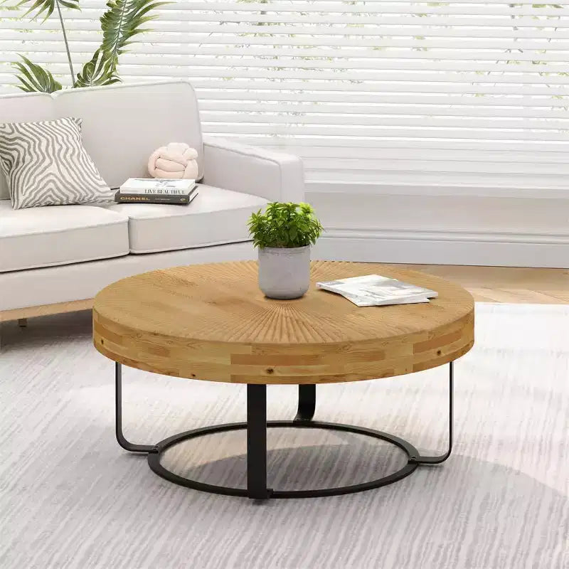 Table basse ronde, table d'appoint moderne en bois, table basse motif de sculpture style ferme avec pieds en métal pour salon, bureau, appartement