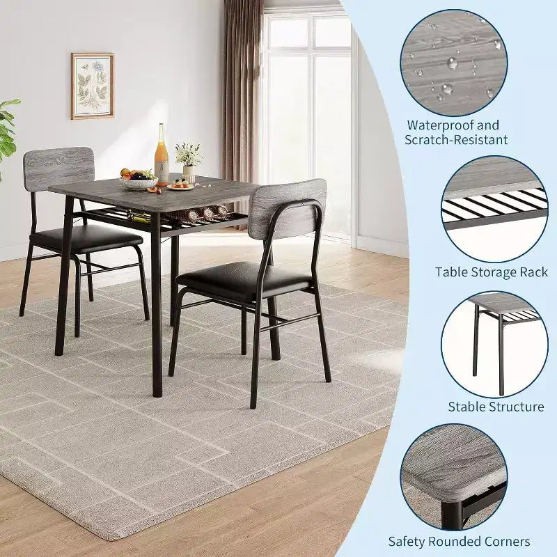 Ensemble de salle à manger 3 pièces pour 2 personnes, table de cuisine en bois avec étagère de rangement, 2 chaises rembourrées, ensemble de salle à manger pour petit espace, appartement