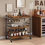 Acekool Bar Cart for Home, 3 Tier Rolling Cart with Removable Tray, Brown Gray Metal Frame, Serving Storage Shelves for Kitchen Dining