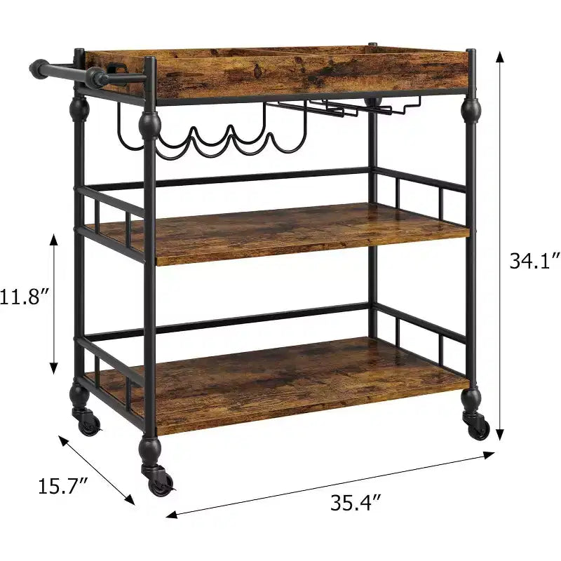 Acekool Chariot de Bar pour la Maison, Chariot Roulant à 3 Niveaux avec Plateau Amovible, Cadre en Métal Gris Marron, Étagères de Rangement pour Cuisine Salle à Manger