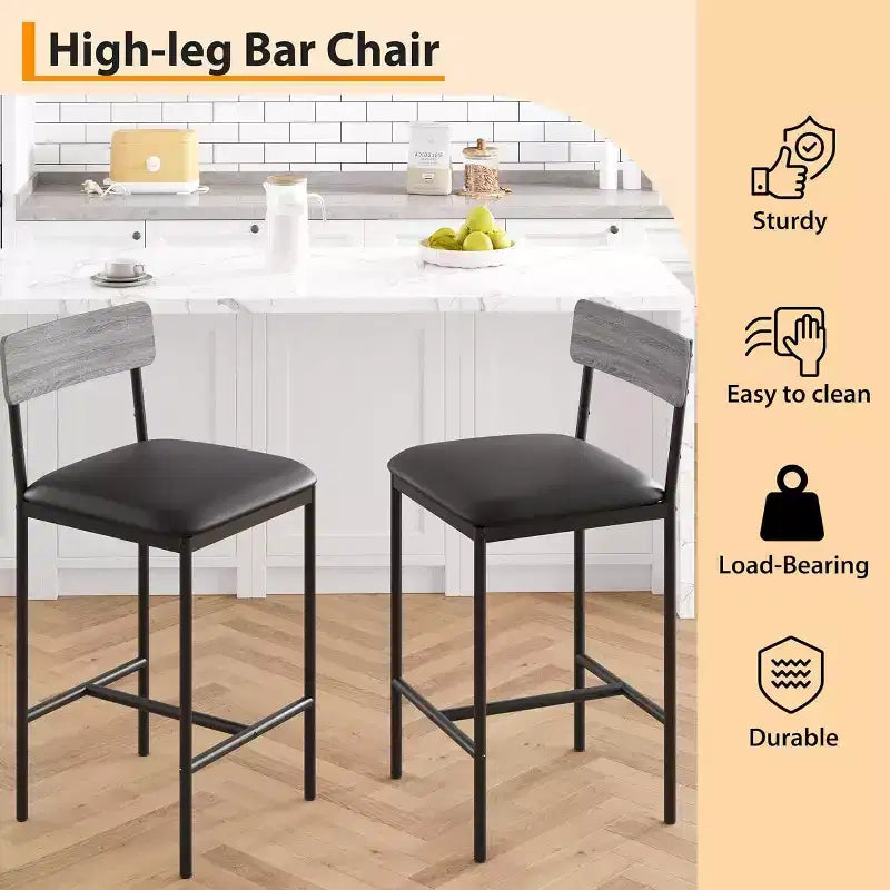 Lot de tabourets de bar, tabourets de bar rembourrés avec pieds en métal, repose-pieds et dossier, assise en PU, chaises hauteur cuisine
