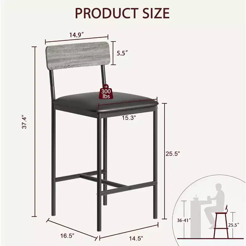 Lot de tabourets de bar, tabourets de bar rembourrés avec pieds en métal, repose-pieds et dossier, assise en PU, chaises hauteur cuisine