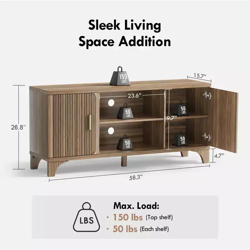 Meuble TV scandinave pour téléviseur 65 pouces avec portes à fermeture amortie, finition noyer