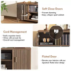 Meuble TV scandinave pour téléviseur 65 pouces avec portes à fermeture amortie, finition noyer