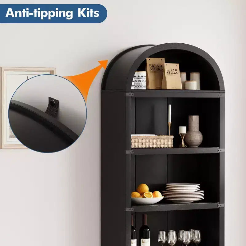 GustoWave Étagère à Livres Cintrée à 5 Niveaux, Bibliothèque Haute de 182 cm, Étagère de Rangement Style Ferme, Noir