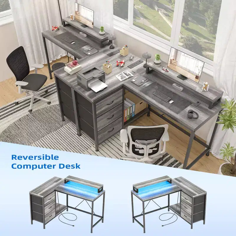 CuisinSmart Bureau d'angle en L de 43 pouces, bureau de gaming à 3 tiroirs avec étagères de rangement et support d'écran, bureau réversible pour la maison ou le bureau