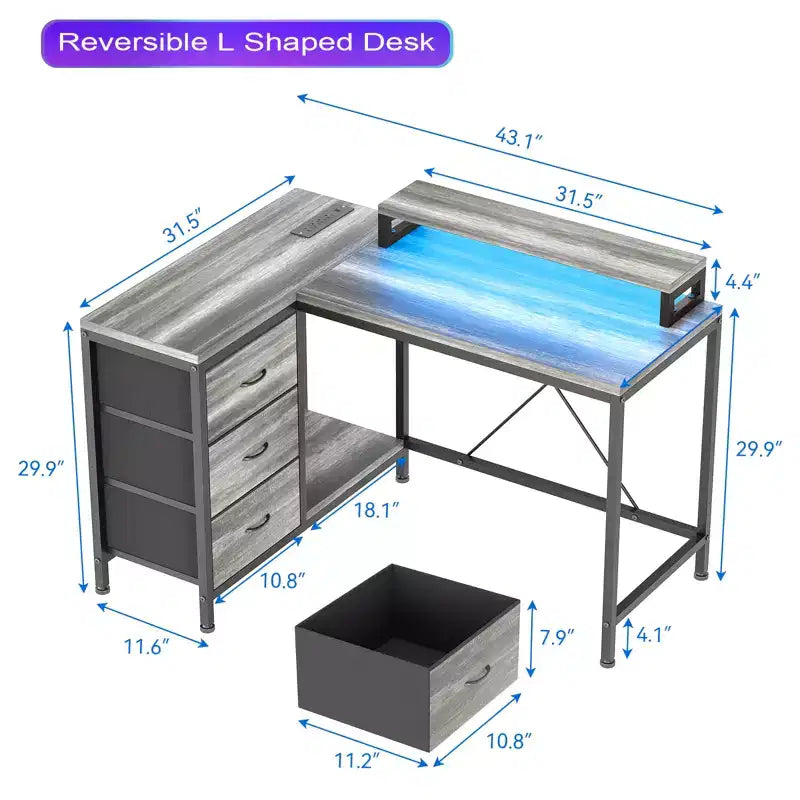 CuisinSmart Bureau d'angle en L de 43 pouces, bureau de gaming à 3 tiroirs avec étagères de rangement et support d'écran, bureau réversible pour la maison ou le bureau