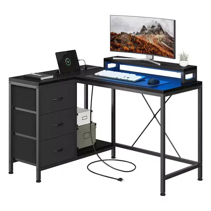CuisinSmart Bureau d'angle en L de 43 pouces, bureau de gaming à 3 tiroirs avec étagères de rangement et support d'écran, bureau réversible pour la maison ou le bureau