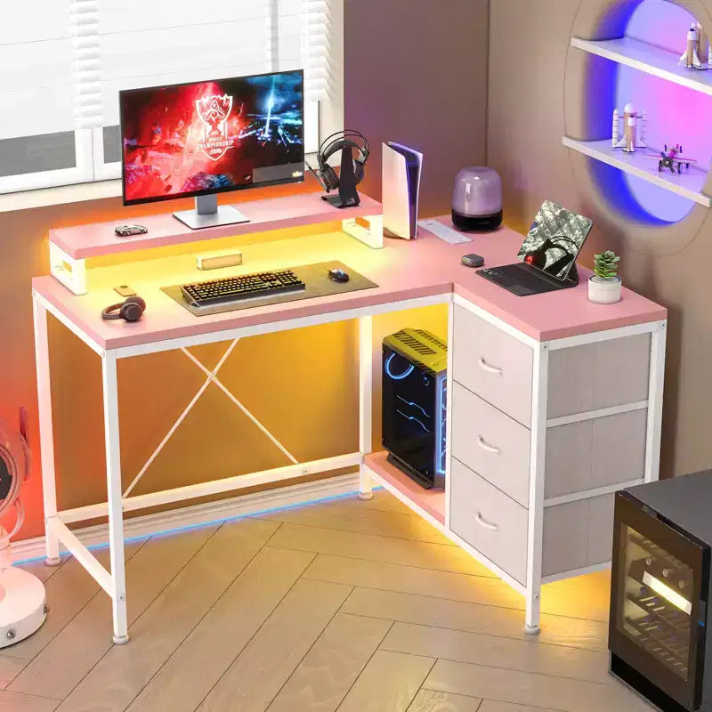 CuisinSmart Bureau d'angle en L de 43 pouces, bureau de gaming à 3 tiroirs avec étagères de rangement et support d'écran, bureau réversible pour la maison ou le bureau