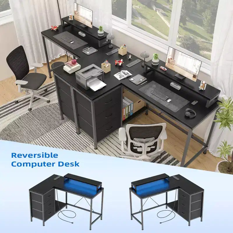CuisinSmart Bureau d'angle en L de 43 pouces, bureau de gaming à 3 tiroirs avec étagères de rangement et support d'écran, bureau réversible pour la maison ou le bureau