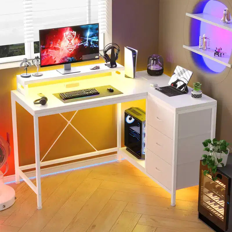CuisinSmart Bureau d'angle en L de 43 pouces, bureau de gaming à 3 tiroirs avec étagères de rangement et support d'écran, bureau réversible pour la maison ou le bureau