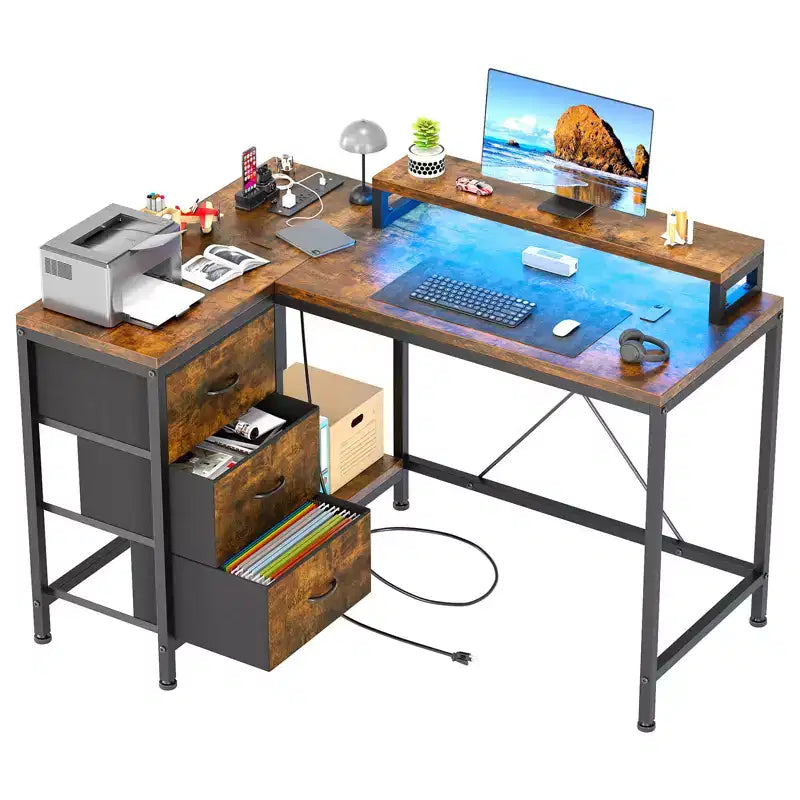 CuisinSmart Bureau d'angle en L de 43 pouces, bureau de gaming à 3 tiroirs avec étagères de rangement et support d'écran, bureau réversible pour la maison ou le bureau
