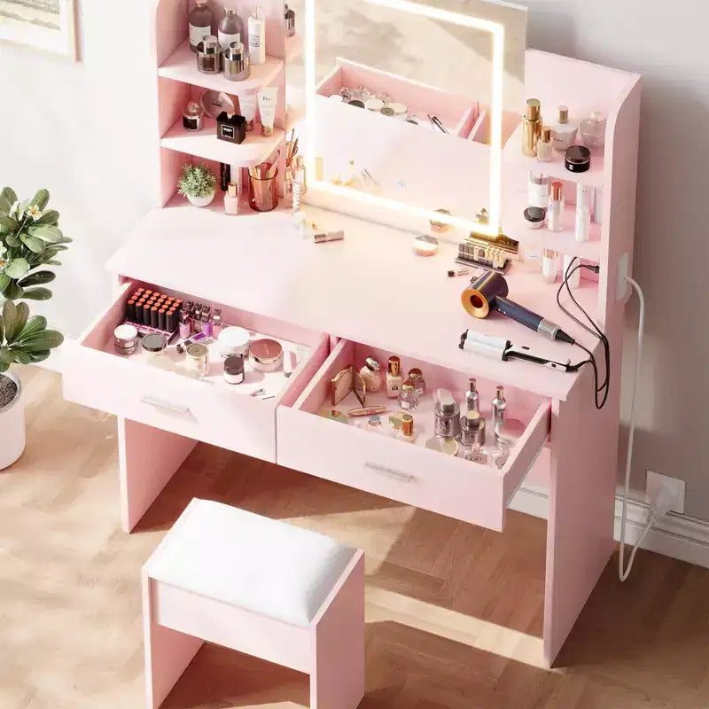 Coiffeuse avec Lumières - Table de Maquillage avec Miroir LED, 3 Couleurs d'Éclairage, 2 Tiroirs et 6 Étagères, Prise de Courant Intégrée et Ports USB pour Chambre à Coucher