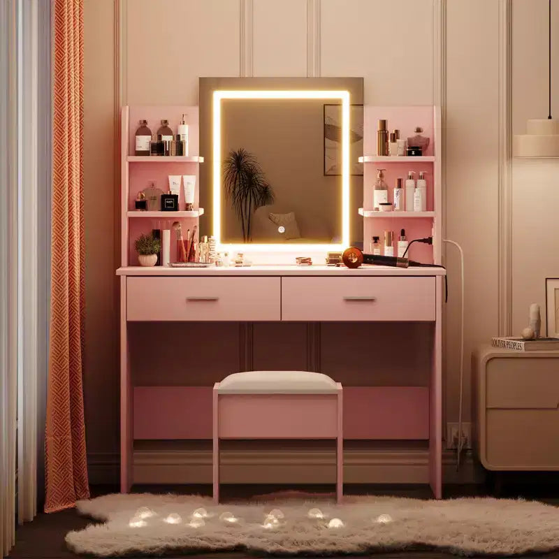 Coiffeuse avec Lumières - Table de Maquillage avec Miroir LED, 3 Couleurs d'Éclairage, 2 Tiroirs et 6 Étagères, Prise de Courant Intégrée et Ports USB pour Chambre à Coucher