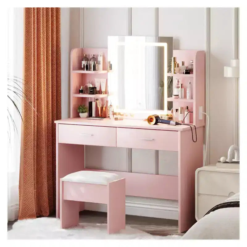 Coiffeuse avec Lumières - Table de Maquillage avec Miroir LED, 3 Couleurs d'Éclairage, 2 Tiroirs et 6 Étagères, Prise de Courant Intégrée et Ports USB pour Chambre à Coucher