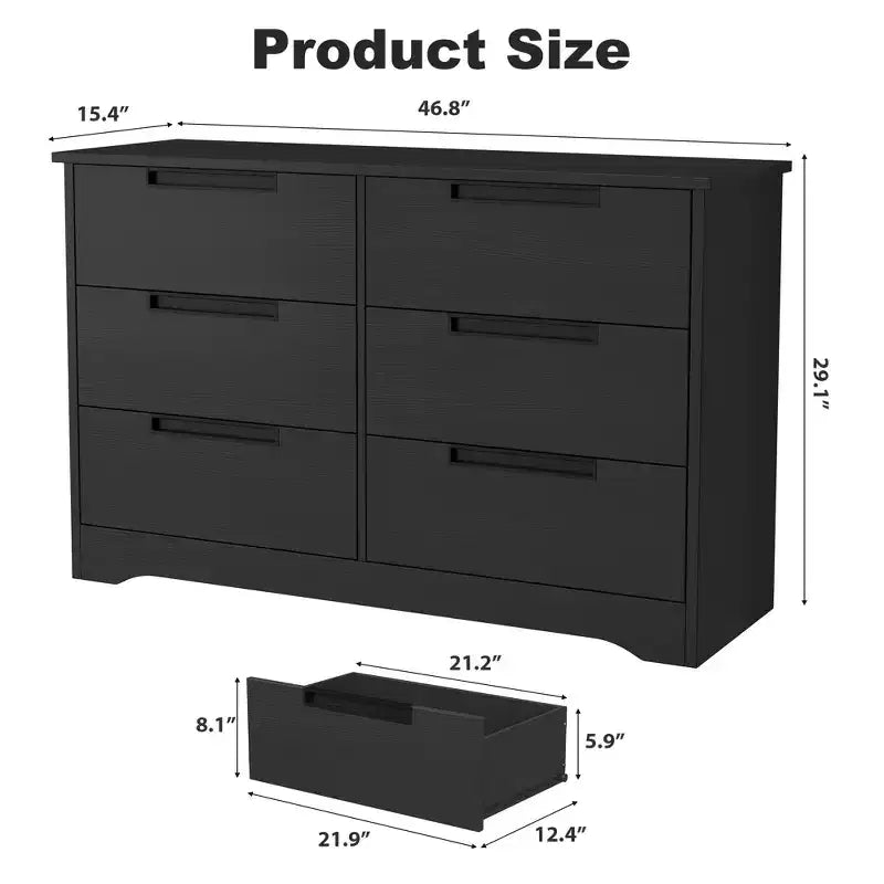 Commode 6 tiroirs pour chambre à coucher, commode en bois de 118,9 cm de large avec poignées encastrées, meuble de rangement pour vêtements, meuble TV pour couloir