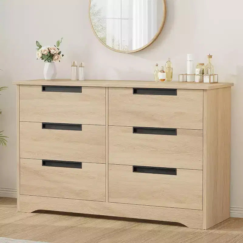 Commode 6 tiroirs pour chambre à coucher, commode en bois de 118,9 cm de large avec poignées encastrées, meuble de rangement pour vêtements, meuble TV pour couloir