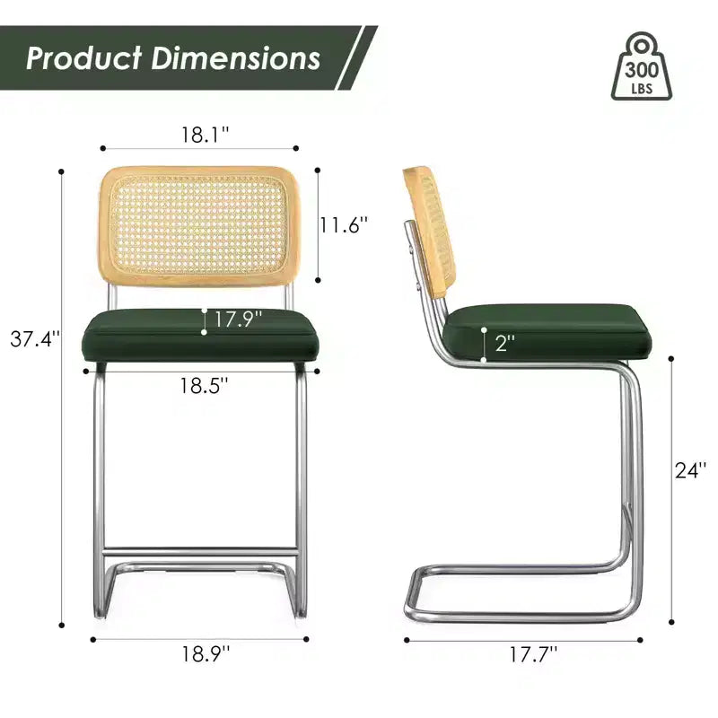 PexFix Lot de 2 tabourets de bar à hauteur de comptoir, tabourets de bar en velours rembourrés avec dossier en rotin, chaises de bar sans accoudoirs de 61 cm pour îlot de cuisine, vert noirâtre