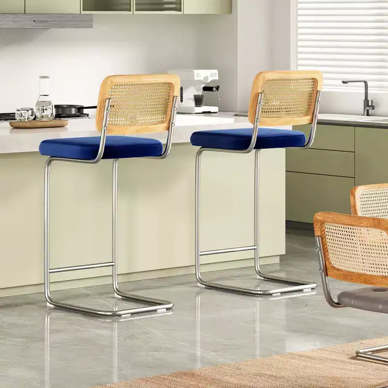 PexFix Lot de 2 tabourets de bar à hauteur de comptoir, tabourets de bar en velours rembourrés avec dossier en rotin, tabourets de 30 po de hauteur, chaises de bar sans accoudoirs pour îlot de cuisine, bleus